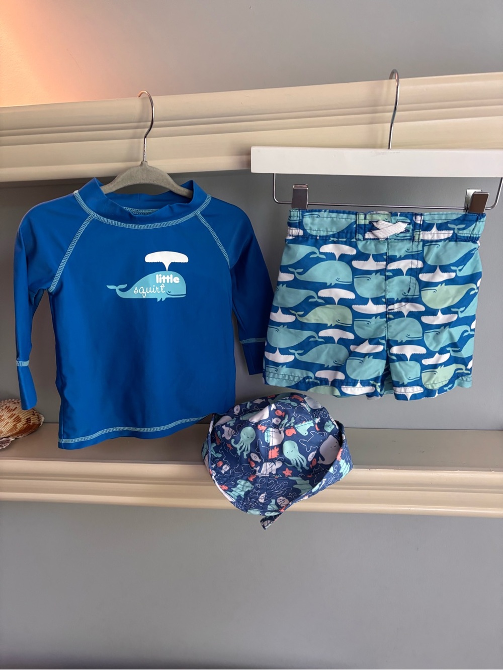 Gymboree Blue Whale Rash Guard Set with Patterned Swim Shorts & Hat